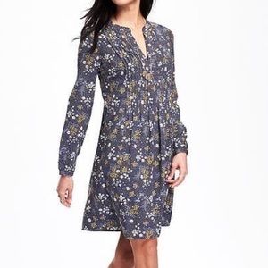 Long Sleeves Gray Floral Print Pin-tuck Swing Tunic/Dress